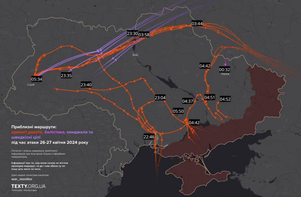 Траекторыя палёту крылатых і балістычных ракетаў, што атакавалі Украіну ў ноч на 27 красавіка. (Крыніца: textyorgua / Telegram)