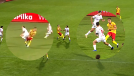 Brutalne wejście Bartłomieja Ciepieli w Angela Rodado. Ogromny błąd w Pruszkowie (fot. TVP Sport)