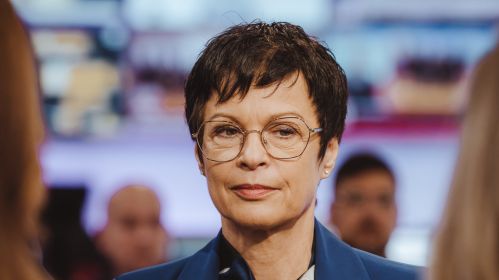 Еўракамісарка ў справах пашырэння ЕЗ Марта Кос падчас ейнага візіту ў рэдакцыю «Белсату». Варшава, Польшча. 23 ліпеня 2025 года. Фота: Рауль Дзюк / Белсат
