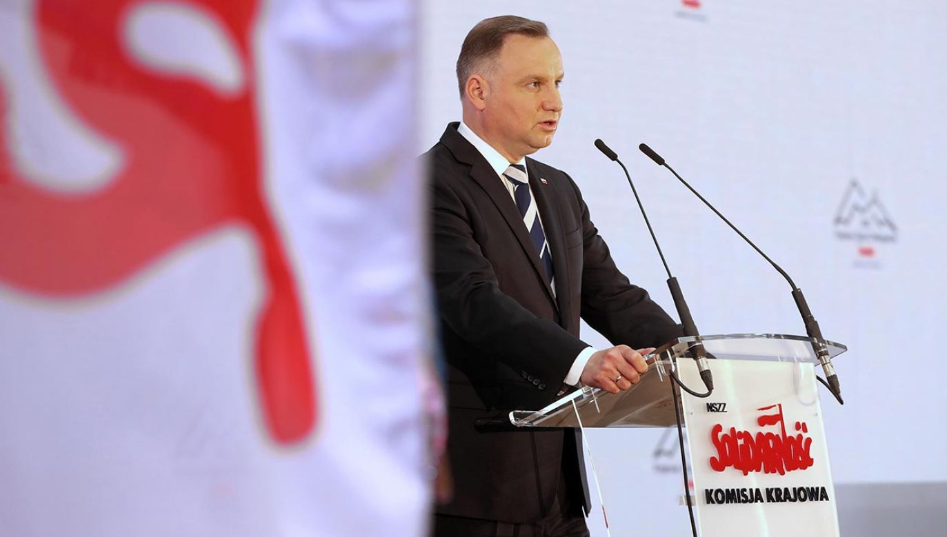 Prezydent Andrzej Duda na zjeździe Solidarności (fot. PAP/Grzegorz Momot)