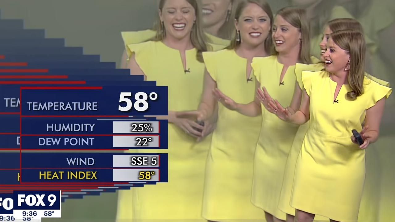 Prezenterka została zmultiplikowana przez błąd grafiki (fot. YouTube/ FOX 9 Minneapolis-St. Paul) Prezenterka została zmultiplikowana przez błąd grafiki (fot. YouTube/ FOX 9 Minneapolis-St. Paul)