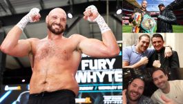 Tyson Fury. Z prawej w towarzystwie (od góry) Dilliana Whyte'a, Hughiego Fury'ego i Daniela Kinahana (fot. Getty/Instagram)