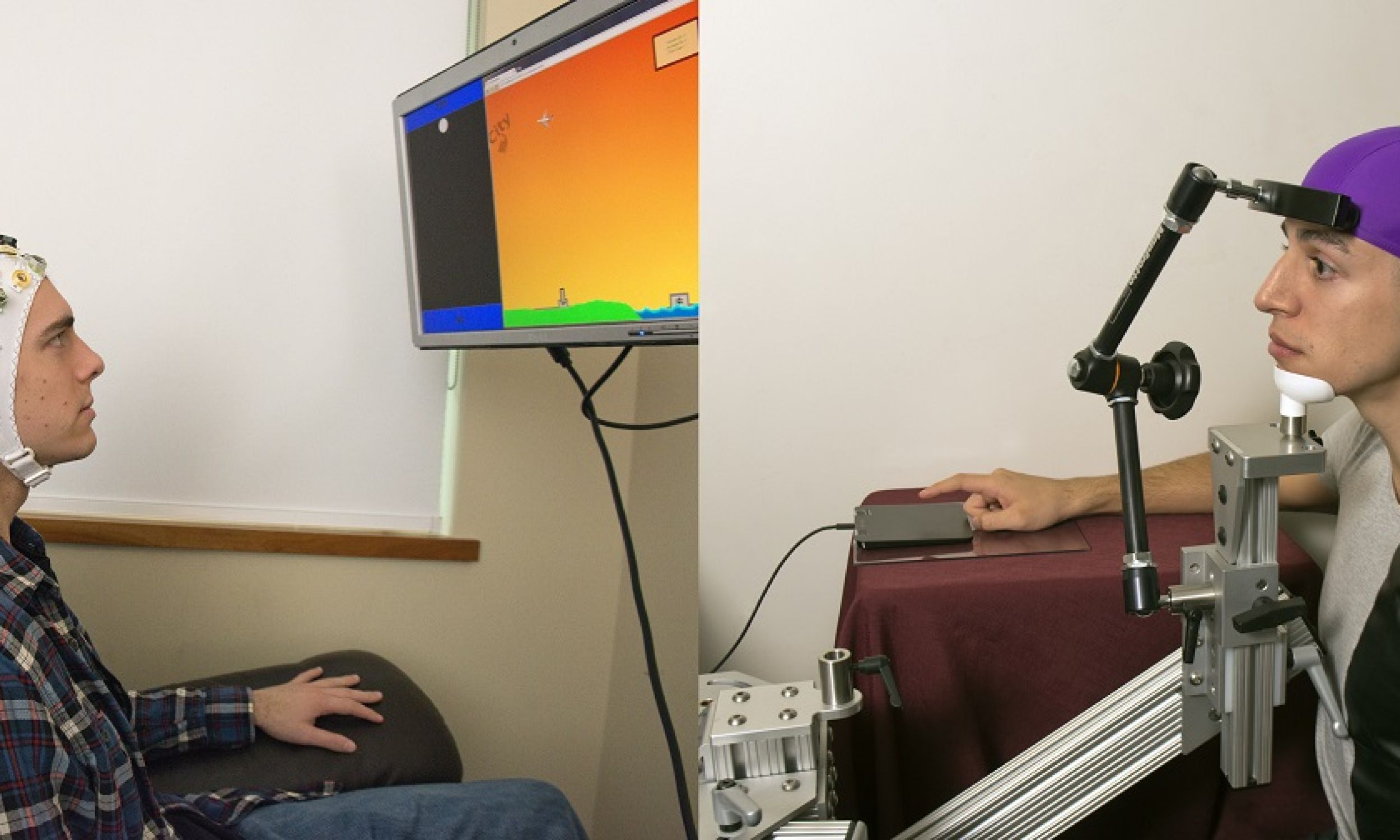 Studenci Uniwersytetu Waszyngtonu  w Seattle – Darby Losey (po lewej, jest nadawcą) i Jose Ceballos (odbiorca) znajdują się w dwóch różnych budynkach kampusu podczas eksperymentu demonstrującego  połączenie mózg-mózg. Nadawca myśli o wykonaniu ruchu – tu: wystrzeleniu z armaty – w różnych punktach gry komputerowej. Sygnał ten jest przesyłany przez sieć bezpośrednio do mózgu odbiorcy, którego ręka uderza w touchpad, czyli panel dotykowy, aby wystrzelić armatę. Fot. Mary Levin, University of Washington