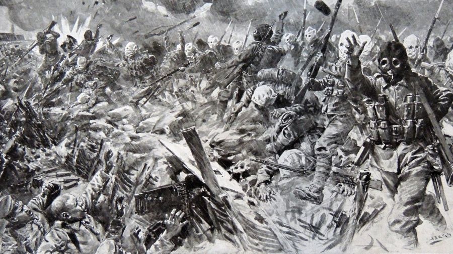 Podczas I wojny światowej w bitwie pod Loos 25-28 września 1915 roku wojska brytyjskie po raz pierwszy użyły przeciw oddziałom niemieckim gazów bojowych. Fot. Universal History Archive/UIG via Getty Images