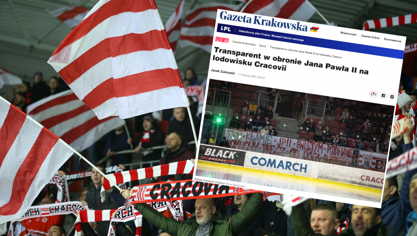 Transparent pojawił się pod czas meczu na lodowisku Carcovii (fot. PAP/Łukasz Gągulski, Anna Kaczmarz/ Gazeta Krakowska)