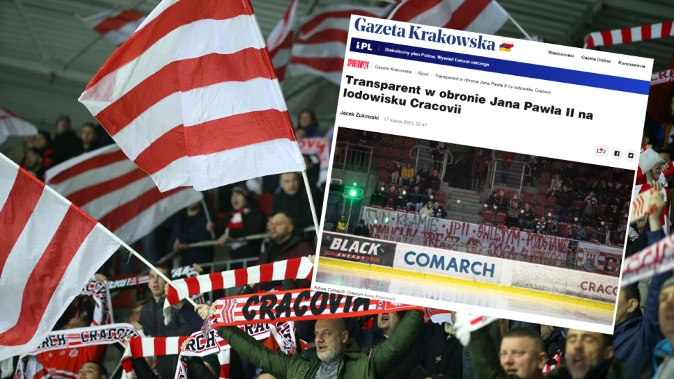 Transparent pojawił się pod czas meczu na lodowisku Carcovii (fot. PAP/Łukasz Gągulski, Anna Kaczmarz/ Gazeta Krakowska)