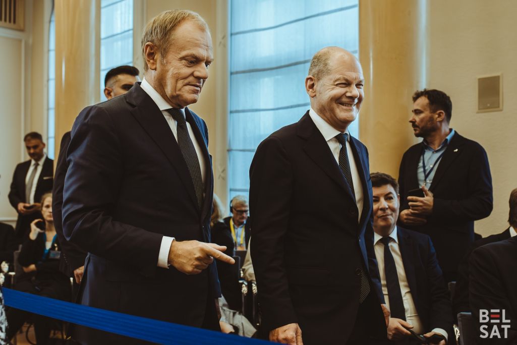 Прэм’ер міністр Польшчы Дональд Туск і канцлер Нямеччыны Оляф Шольц падчас міжурадавых перамоваў паміж Польшчай і Нямеччынай. Варшава, Польшча. 2 ліпеня 2024 года. (Фота: Белсат)