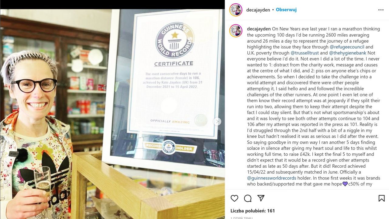 Kate Jayden bicie rekordu rozpoczęła 31 grudnia 2021 r., a zakończyła 15 kwietnia. (fot. Instagram/decajayden) Kate Jayden bicie rekordu rozpoczęła 31 grudnia 2021 r., a zakończyła 15 kwietnia. (fot. Instagram/decajayden)