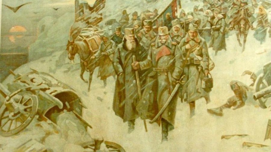 Albańska Golgota na obrazie serbskiego malarza Wasilije Ekszkiciewicia pt. "Przejście przez Albanię". Fot. Wikimedia