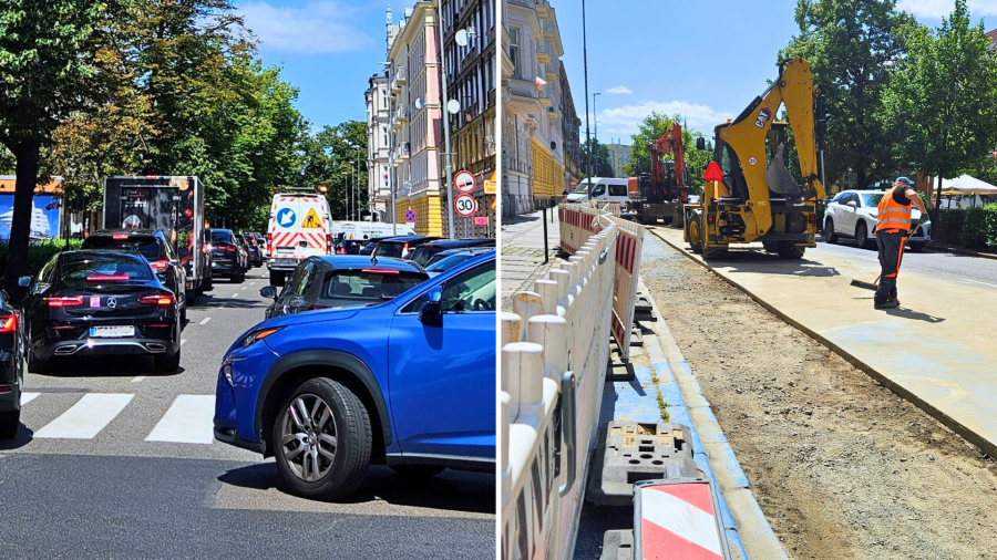 Prace wodociągowe w alei Jana Pawła II w Szczecinie, widoczne wykopy i pachołki drogowe na jezdni. (źródło: ZWiK w Szczecinie)
