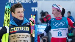 Od lewej: Johannes Klaebo i Marit Bjoergen (fot. Getty Images) Na zdjęciu dwie ikony biegów narciarskich, symbolizujące epoki norweskiej dominacji. Po lewej Johannes Høsflot Klaebo w stroju z napisem „WORLD 2025 CHAMPION TRONDHEIM” dumnie trzyma narty i kijki, spoglądając pewnie w dal. Po prawej Marit Bjørgen z igrzysk w Pjongczangu 2018, uśmiechnięta, przypomina o swoim dorobku ośmiu złotych medali. Kontrast między nimi to nie tylko zestawienie pokoleń, ale też zapowiedź walki o miano najwybitniejszego olimpijczyka w historii biegów narciarskich (fot. Getty Images)