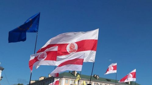 Сцягі БСДП (Грамады) на мітынгу. Здымак мае ілюстрацыйны характар. Фота: Сябра сацыял-дэмакратыі / Facebook