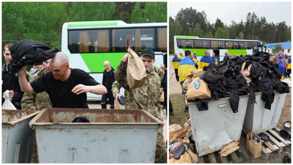 Смеццевыя кантэйнеры з расейскімі турэмнымі робамі і беларускімі харчовымі пакетамі. Чарнігаўская вобласць, Украіна. 25 траўня 2025 года. Калаж з фота: russianocontext / Telegram, V_Zelenskiy_official / Telegram