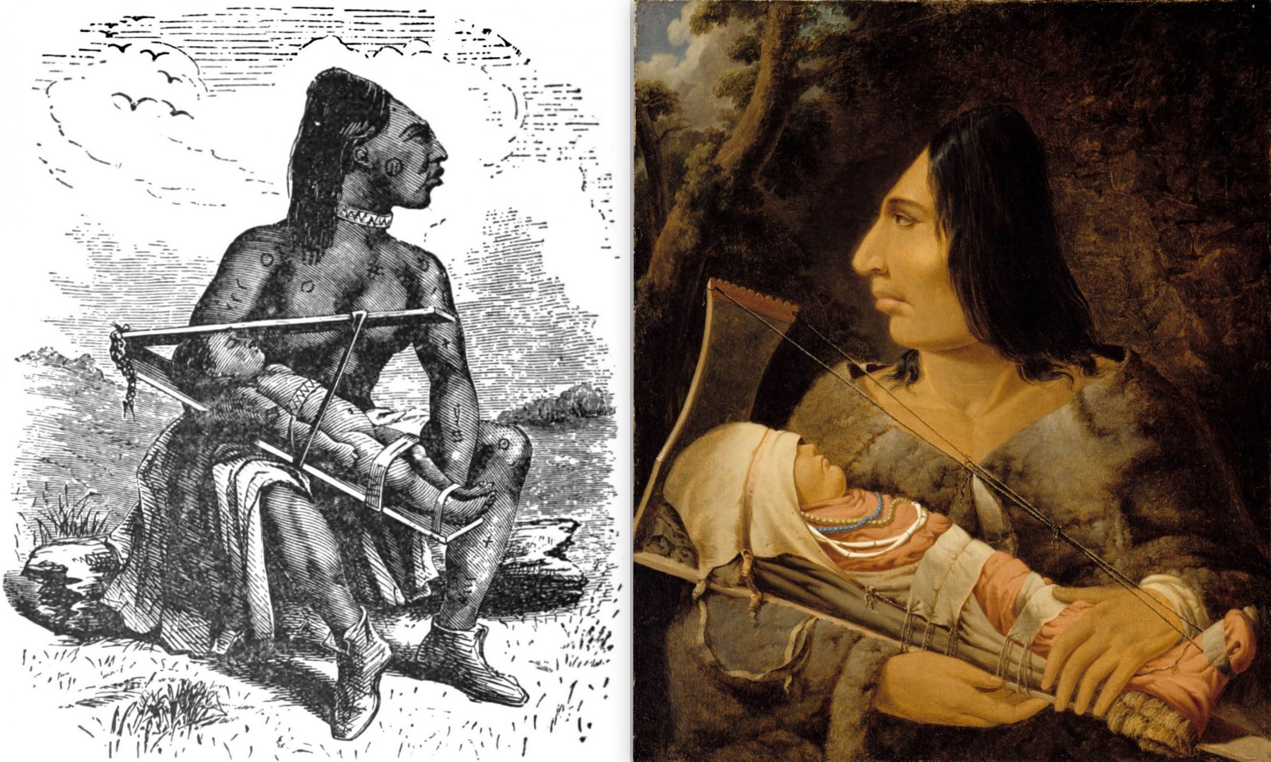 Od lewej: ilustracja z książki „Dwadzieścia lat przed masztem” Charlesa Erskine'a. Obraz Paula Kane’a  (1810–1871) „Płaskogłowa kobieta z dzieckiem”, ok. 1848 roku – Montreal Museum of Fine Arts . Fot. Wikimedia